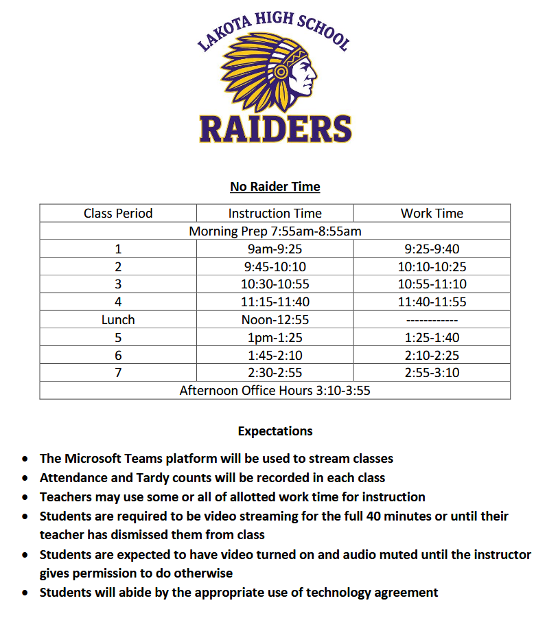 Lakota High School Virtual Instruction Schedule