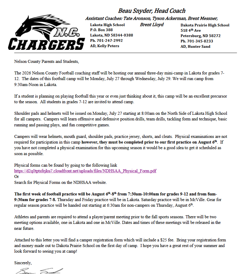 2026 Pre Season Football Camp Letter