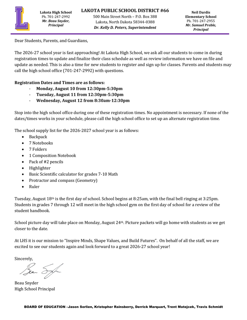 Back to School Letter