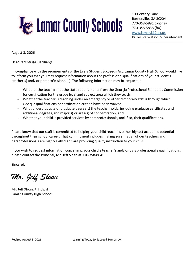 LCHS letter