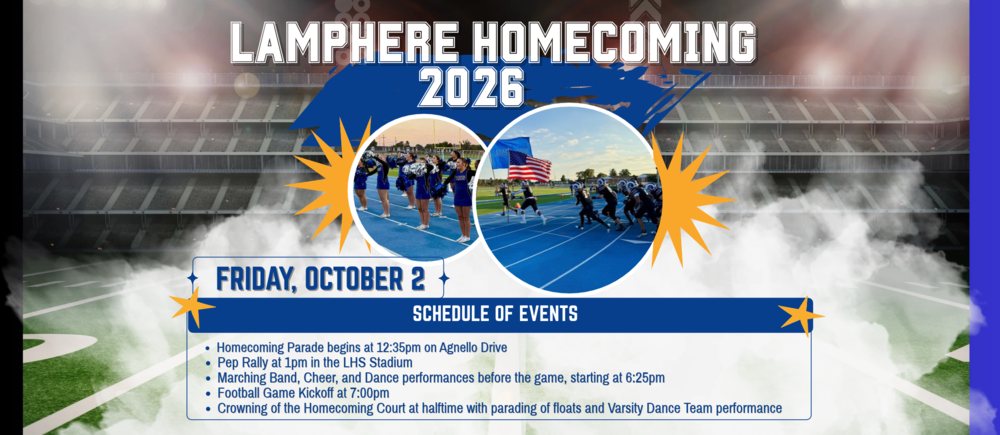 Lamphere Homecoming details with cheer and football images. All details in the body of the article