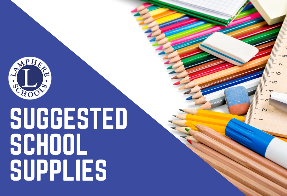 Lamphere Suggested School Supplies- image with school supplies including pencils and erasers