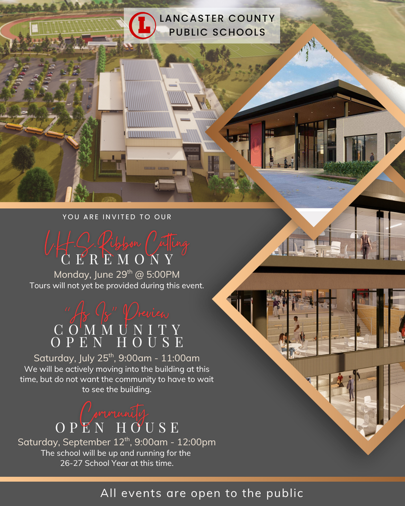 Lancaster High School Ribbon Cutting, Previews and Community Open house information. See article for details.