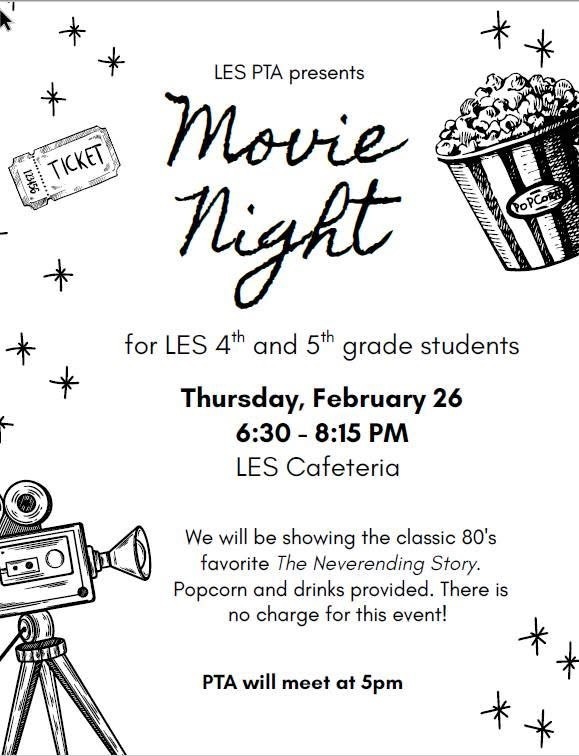 Flyer depicting a movie night event for 4th and 5th grade families on 2/26/26