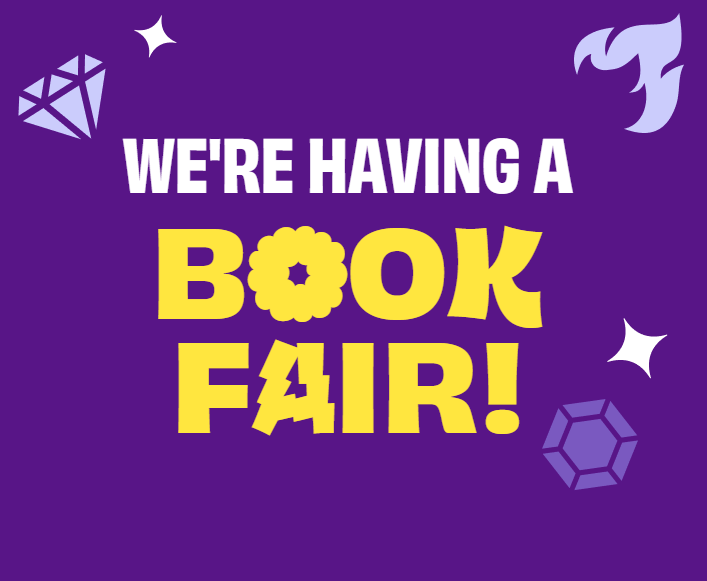 Text displaying "we're having a book fair!"