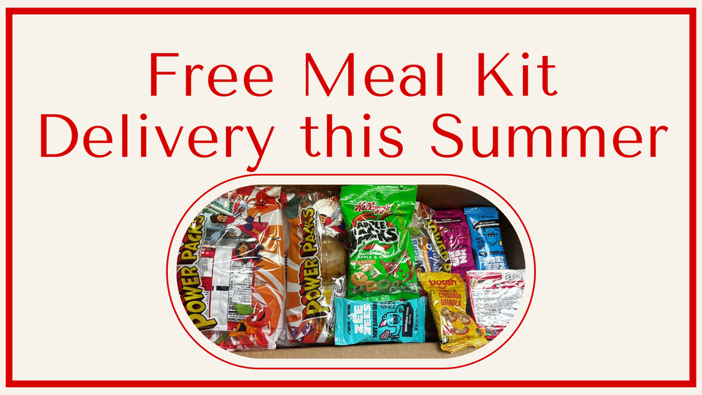 Free Meal Kit Delivery this Summer with a picture of the meal kit which includes apple jacks, muffins, zeezees, granola