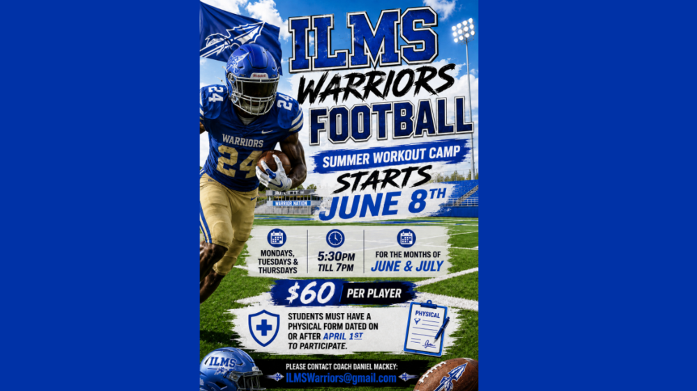 Picture of a football field, football player in an IL uniform, and IL helment and football
