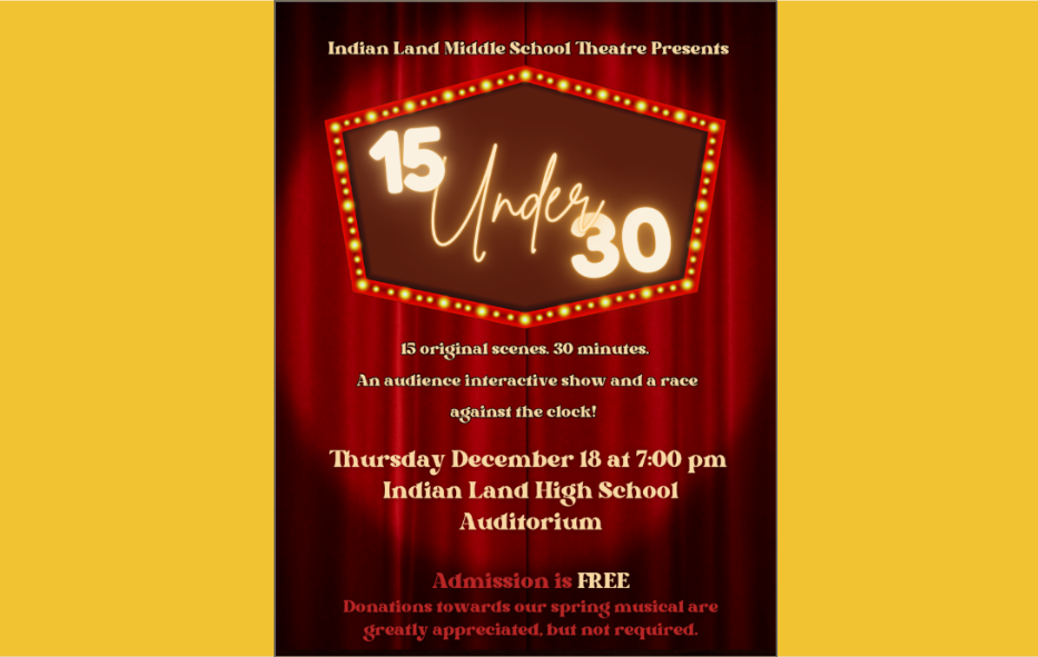 image of drama flyer with red curtains and light up sign