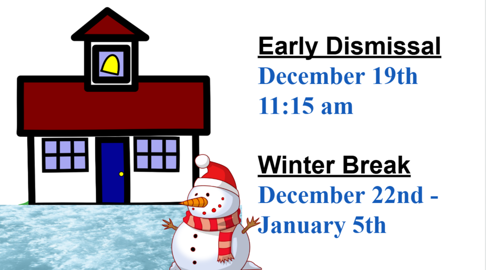 image of a clipart school house and a snowman