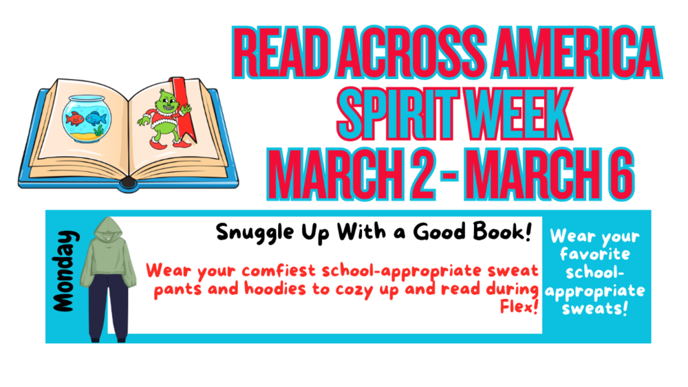 image of spirit week flyer with a book, fishbowl, grinch, and sweatsuit,