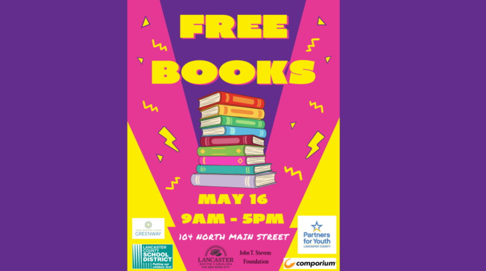 image of flyer for Free books at Red Rose Festival - cartoon image of a stack of books 