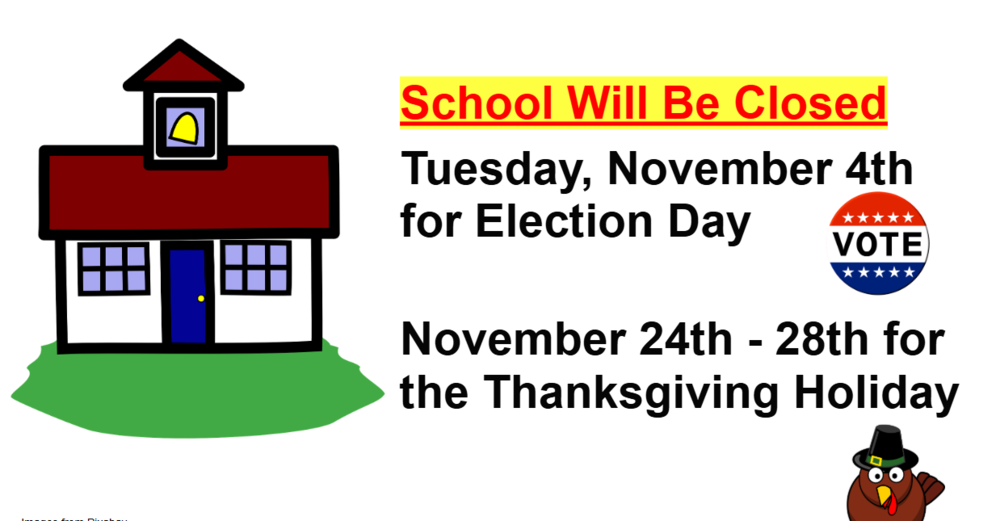image of school house, vote sticker, and a cartoon turkey