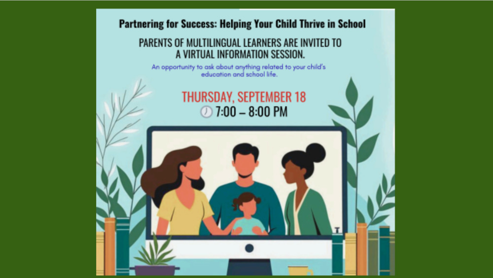 image of cartoon parents, teacher, and students with books and plants 