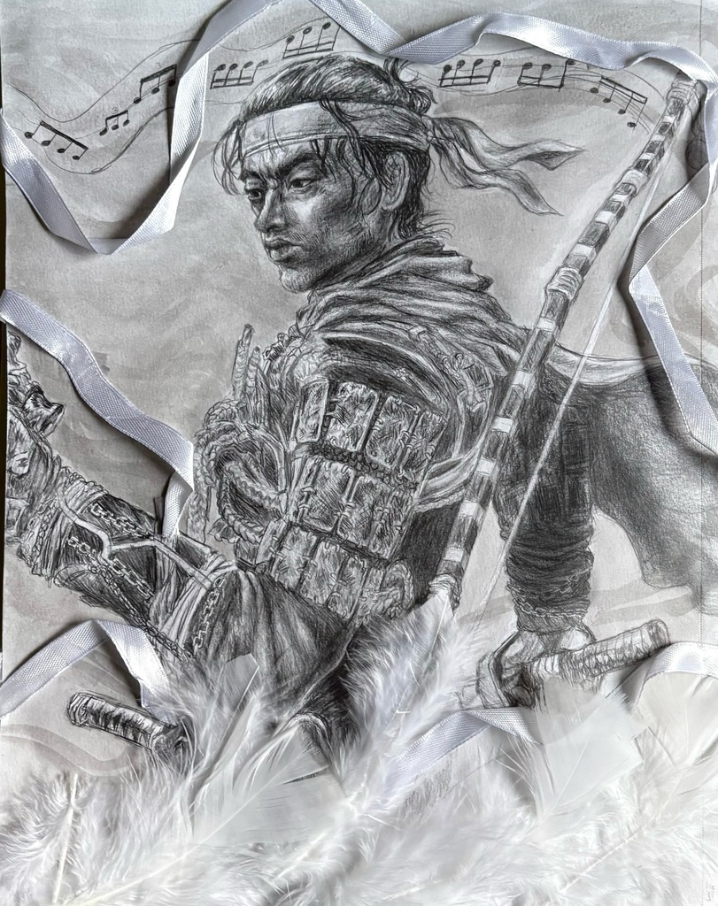 Zai Thompson 2-D art drawing, samarai warrior in pencil; black and white; Ghost of Tsushima by Zai Thompson