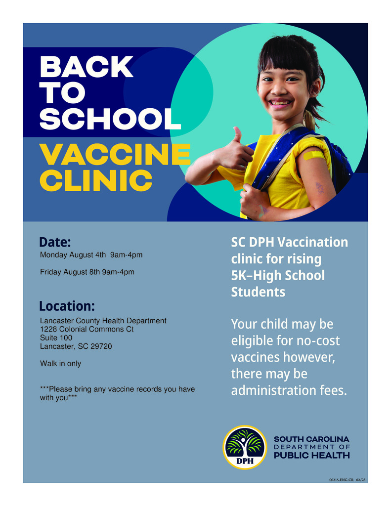 SC DPH Vaccination Clinic: 8/4 and 8/8 from 9am-4pm at Lancaster County Health Department