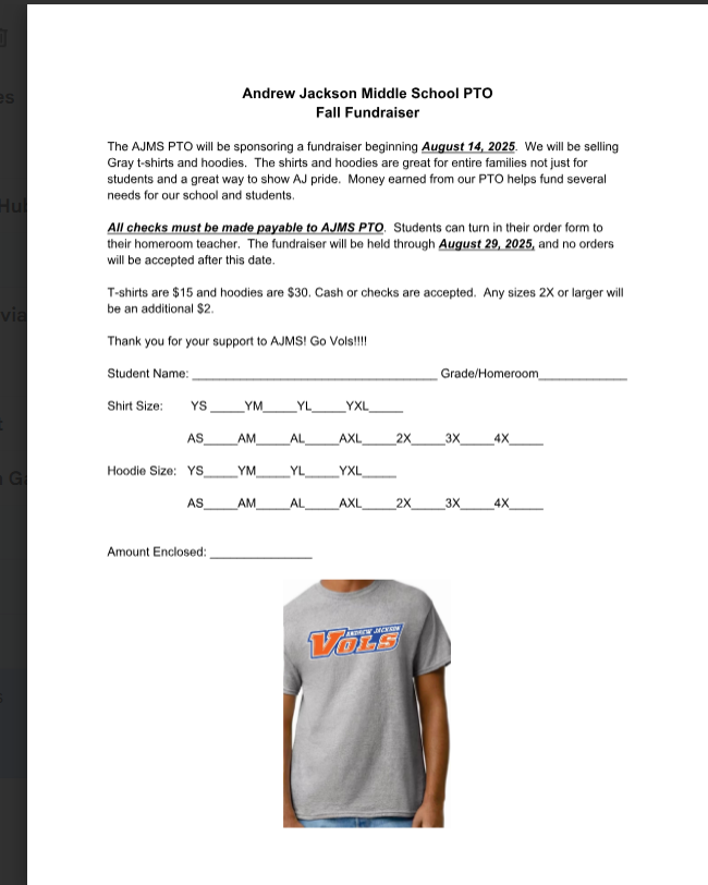 The order sheet for fall T shirt