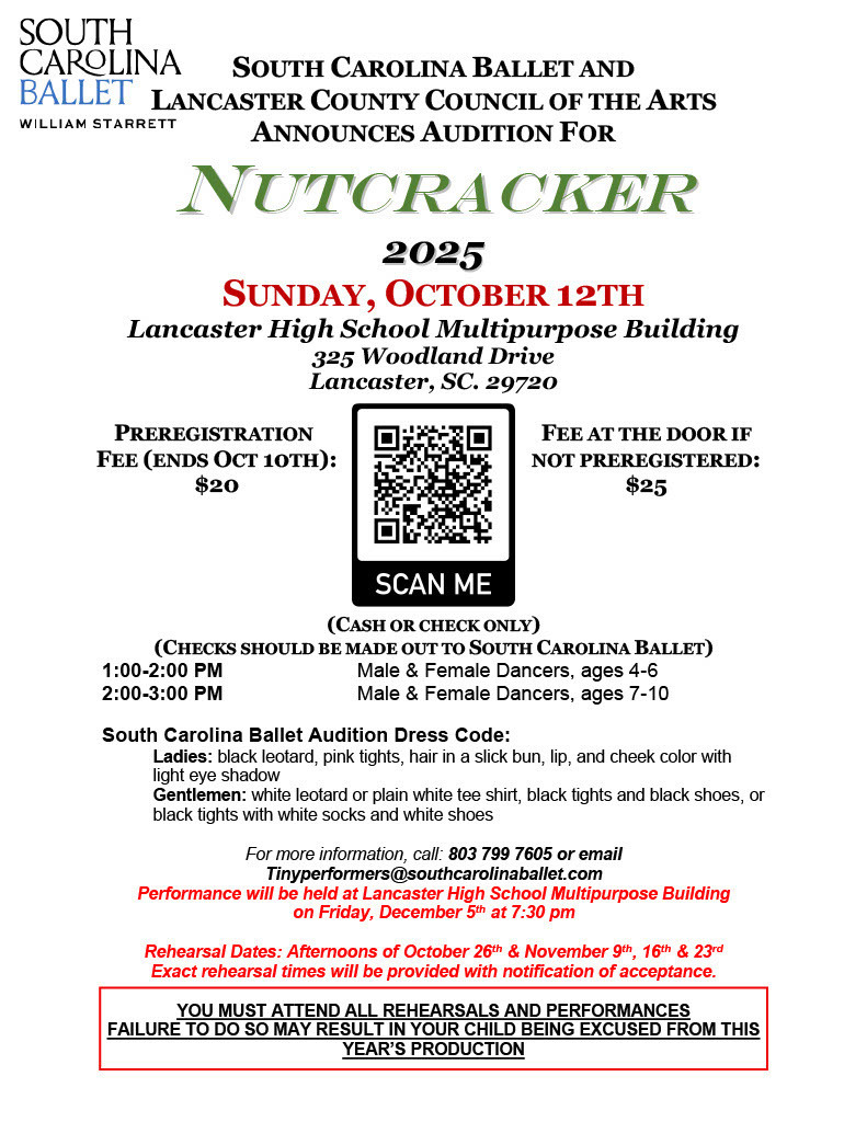 Nutcracker Auditions - Lancaster High School Multipurpose Building - Sunday, October 12th, 2025