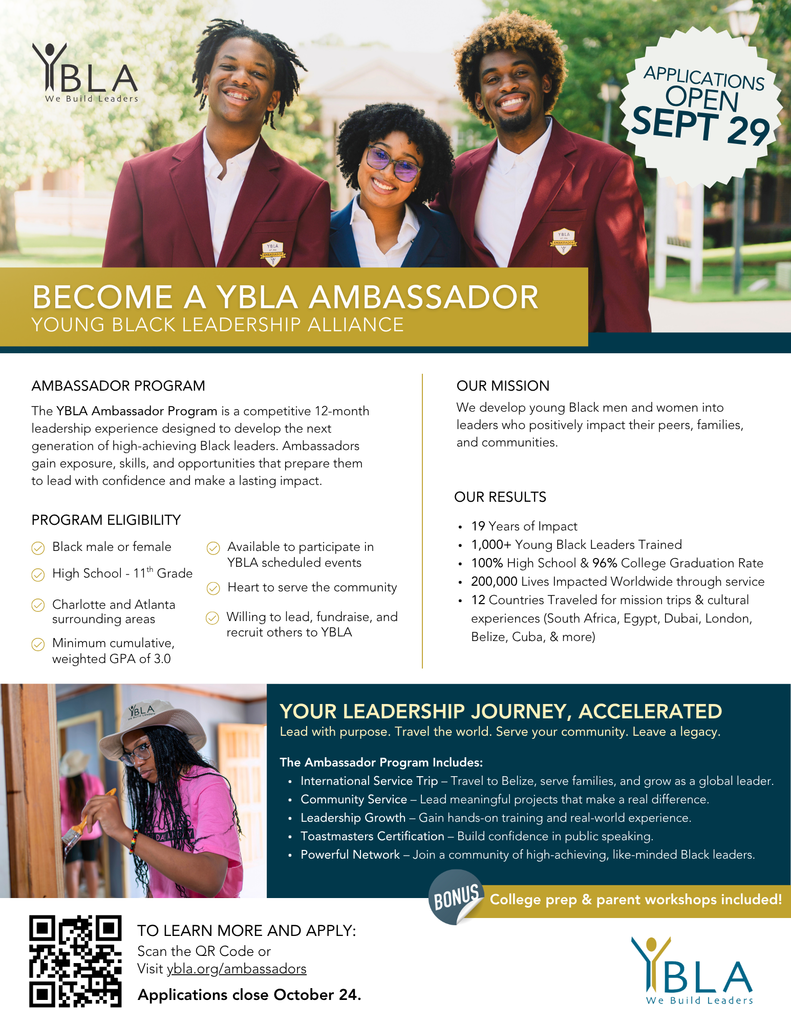 Flyer for Young Black Leadership Alliance (YBLA) featuring three smiling young Black people in blazers outdoors. Announces applications open Sept 29 to become YBLA ambassadors. Highlights leadership, community service, global engagement, and includes a QR code and website with an Oct 24 deadline. Displays YBLA logo and tagline “We Build Leaders.”