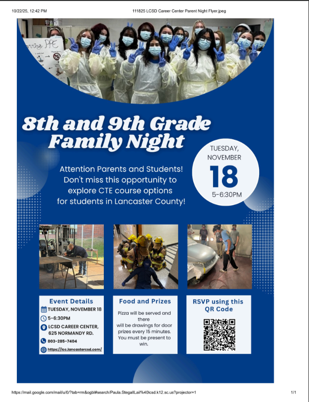 flyer for our 8th & 9th grade parent night located at the LCSD Career Center.