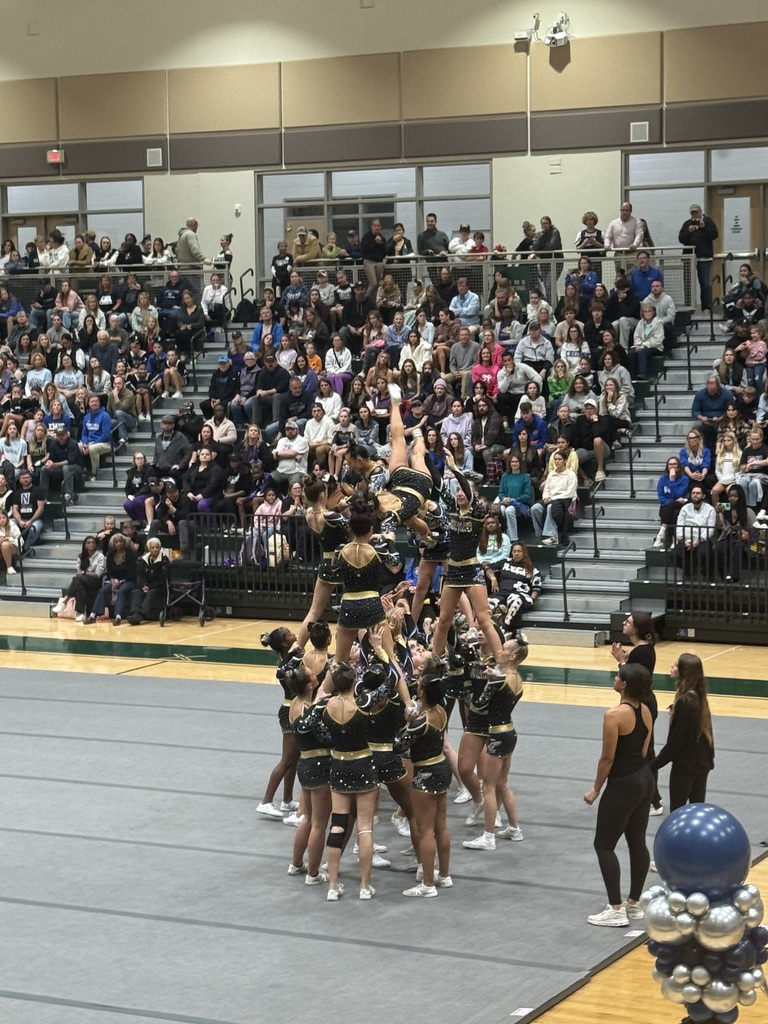 Group of cheerleaders performing a stunt in a gymnasium with a large audience seated in bleachers watching the event. No visible text in the image.
