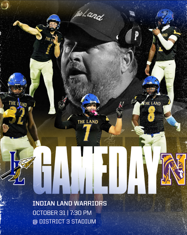 The image is a simple event announcement with the following text:  "GAMEDAY  INDIAN LAND WARRIORS OCTOBER 31 | 7:30 PM @ DISTRICT 3 STADIUM"  This announces a game featuring the Indian Land Warriors on October 31 at 7:30 PM, taking place at District 3 Stadium.