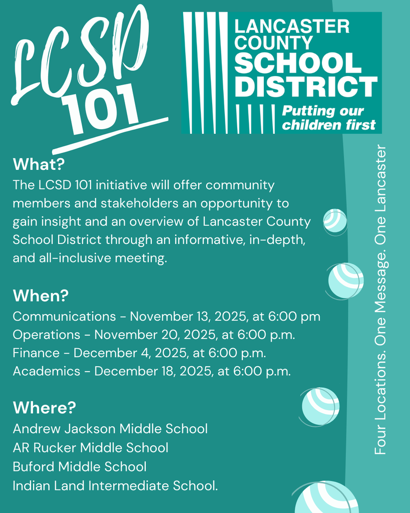 LCSD 101 Academics Session December LCSD 101 Academics Session December 18,2025 Time:6:00pm at four locations. Andrew Jackson Middle School AR Rucker Middle School Buford Middle School Indian Land Middle Schooler 18,2025 Time:6:00pm at four locations. Andrew Jackson Middle School AR Rucker Middle School Buford Middle School Indian Land Middle School