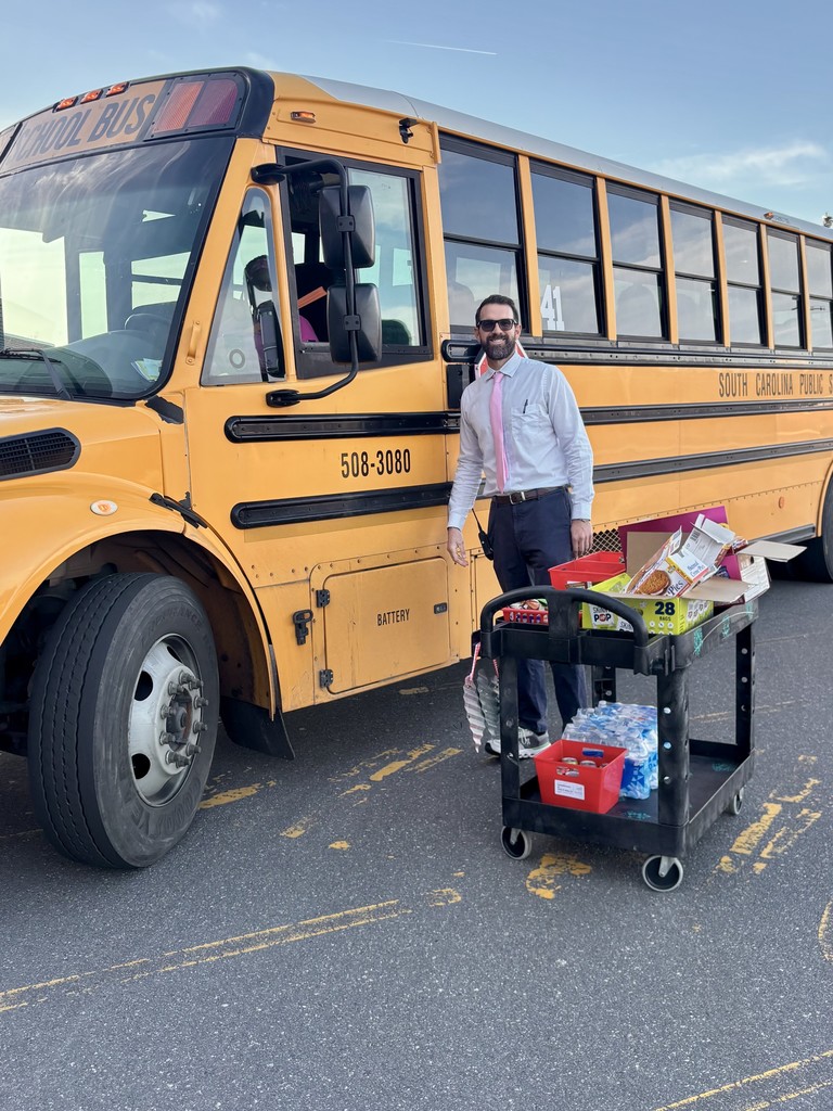 Mr Wanger, A bearded man wearing sunglasses, a white shirt, and a pink tie stands beside a yellow school bus near its front wheel and door. In front of him is a black utility cart stocked with snacks and drinks labeled or partially visible: "SKINNY POP" (28 bags), fruit snacks, granola, Capri Sun, Honey Grahams, Apple Jacks, Ritz, and bottled water. The bus shows the number "41" and partial text "SOUTH CAROLINA PUBLIC SC" on its side; a nearby sign reads "SCHOOL BUS" . The scene is outdoors on asphalt under a clear sky.