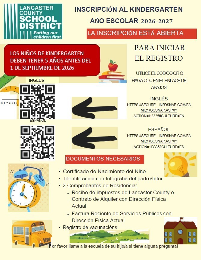 Kindergarten registration 2026-2027 flyer in Spanish