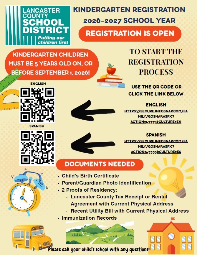 Kindergarten registration 2026-2027 flyer in  English