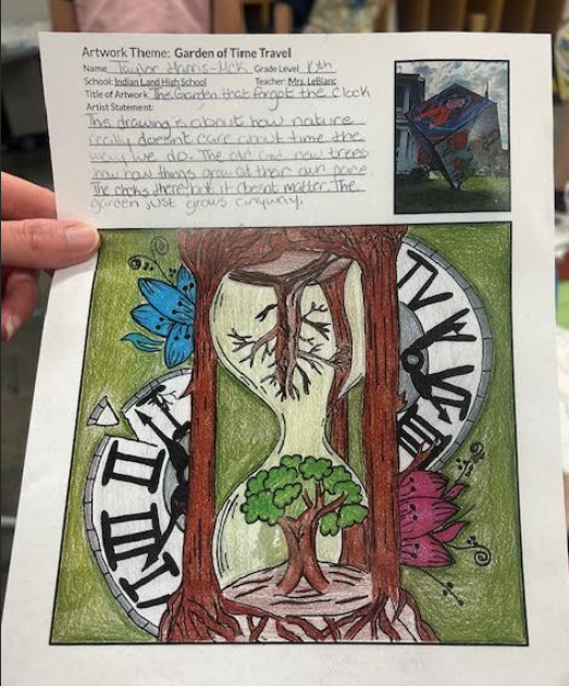 A colored drawing titled “The Garden that Forgot the Clock” centered on an hourglass: the bottom bulb contains a vibrant green tree rooted in soil, the top bulb holds a barren dead tree with exposed roots and branches. Two dark textured pillars resembling tree trunks flank the hourglass with visible roots at their bases. Broken clocks with Roman numerals appear on either side in the background; a blue flower appears left and a pink flower right. The scene sits on a green textured background. Document header lists student name (Taylor Thorns‑Hick), grade 10, school, and teacher. A small photograph in the top right shows an outdoor tilted cube installation painted with a figure on a red background near trees and a building.