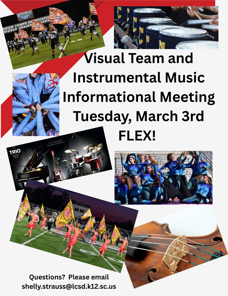 Collage promoting an informational meeting for Visual Team and Instrumental Music on Tuesday, March 3rd during FLEX. Images include: a drum corps performing at night on a football field with flag bearers at the Drum Corps International World Championships; close-up of percussionists playing large drums indoors; a huddle of team members in blue jackets with hands joined in the center; performers in blue and black costumes on bleachers; a studio setup featuring a grand piano, electric guitar, and drum set labeled 'TRIO - Live and organic sounding instruments'; a color guard ensemble on a football field with performers in red costumes holding large yellow flags; and a close-up of violin or viola strings and bridge. Contact: shelly.strauss@lcsd.k12.sc.us"