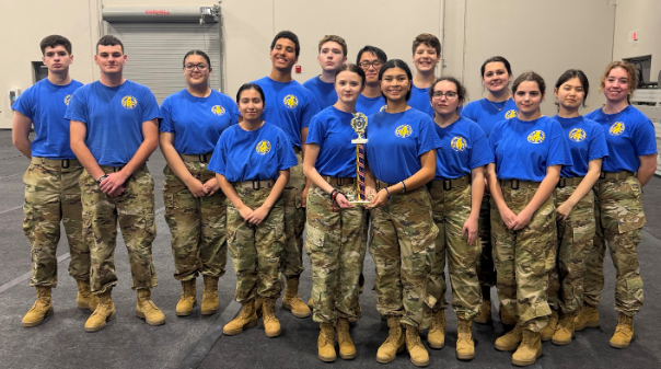 ILHS JROTC Archery team gathered around their trophy