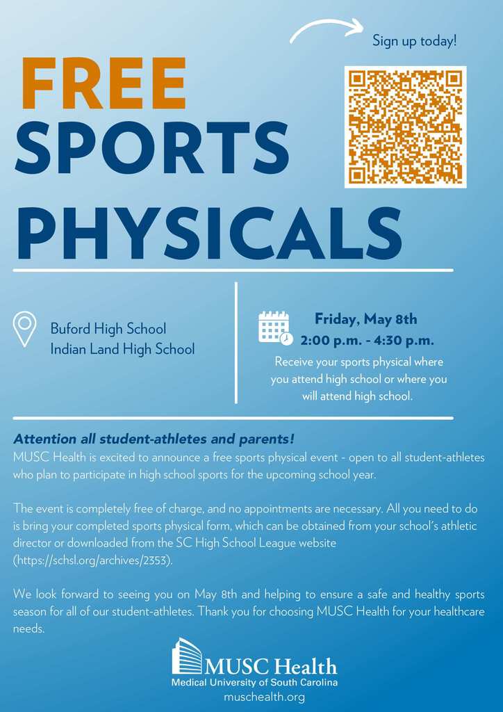 Buford High and Indian Land  High Free Sports Physicals May 8th, 2:00pm-4:30pm