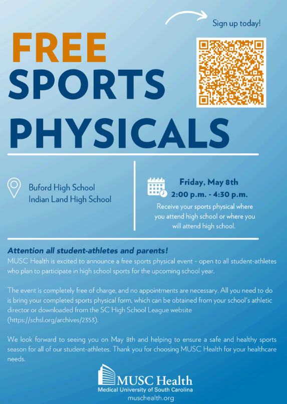 "Promotional flyer for free sports physicals at Busc High School and Indian Land High School on Friday, May 8th from 2:00 p.m. to 4:30 p.m. Features MUSC Health logo, QR code to sign up, and details for student-athletes."