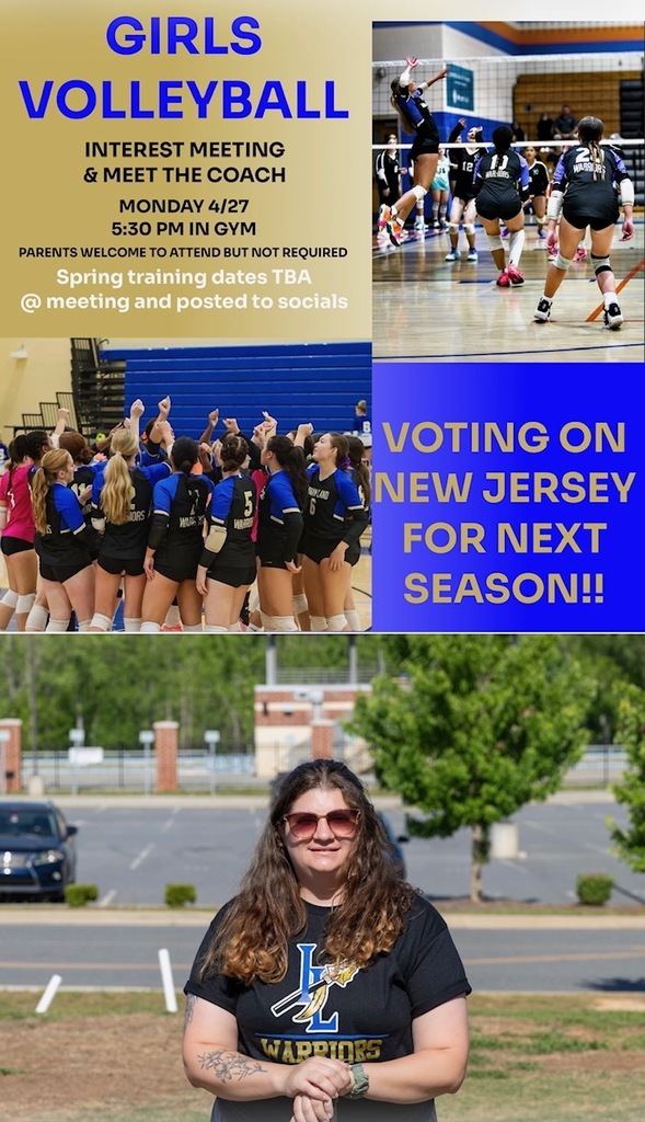 "Girls volleyball interest meeting and meet the coach flyer. Text reads: Monday 4/27 at 5:30 PM in gym, parents welcome but not required, spring training dates TBA at meeting and posted to socials, voting on new jersey for next season. Image includes three photos: a female volleyball player in black and blue uniform spiking a ball over the net during a game, a team huddle of female players in black and blue uniforms on the court, and a woman with long curly brown hair wearing sunglasses and a black Warriors logo t-shirt standing outdoors."
