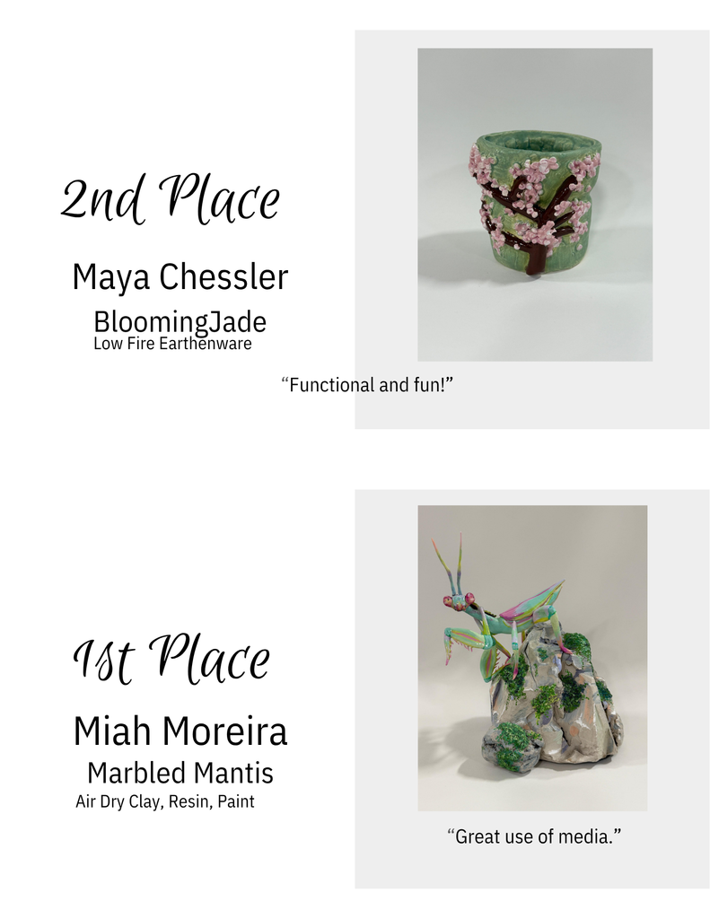  "3-D Category Winners: 2nd place 'Blooming Jade' by Maya Chessler, a green ceramic cup with brown branch and pink blossoms; 1st place 'Marbled Mantis' by Miah Moreira, a light blue and pink praying mantis sculpture in air-dry clay and resin on a moss-covered rock formation."