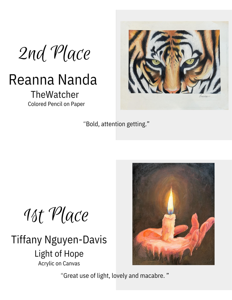 "Two award-winning artworks: 2nd place 'TheWatcher' by Reanna Nanda, a colored pencil close-up of a tiger's face with intense eyes; 1st place 'Light of Hope' by Tiffany Nguyen-Davis, an acrylic painting of a hand holding a lit, melting candle against a dark background."