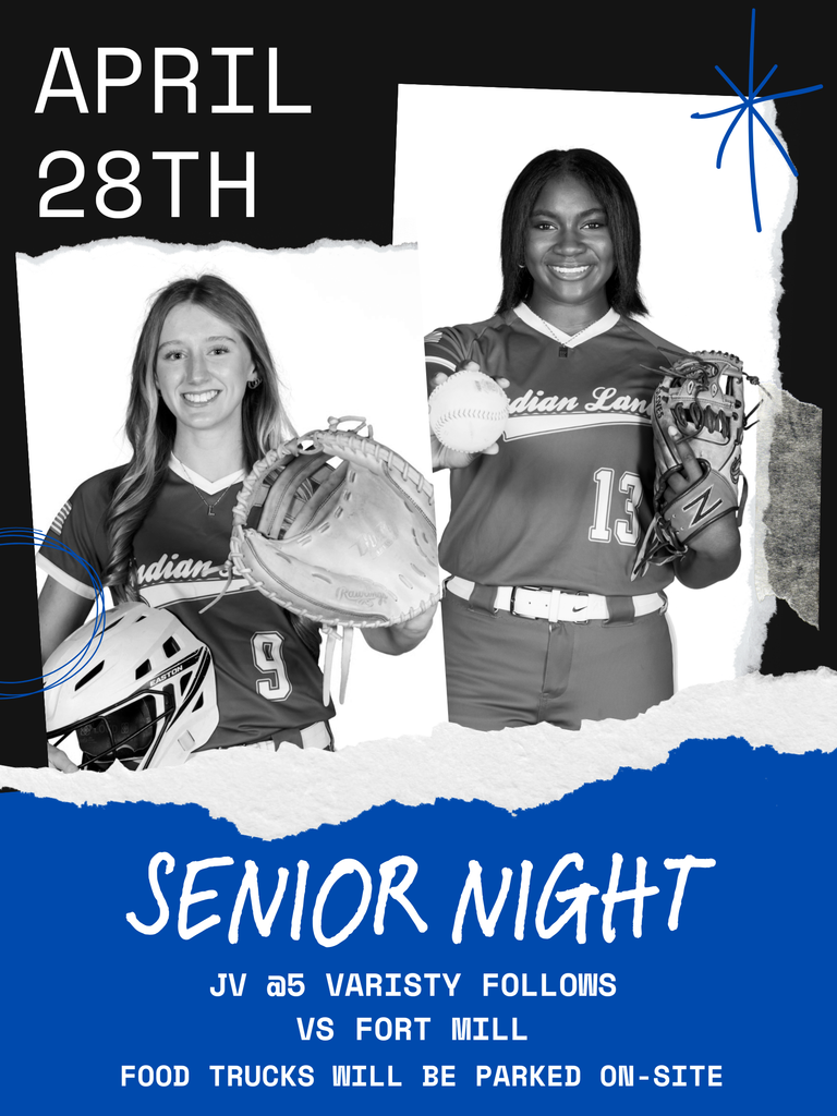 "Two female softball players in uniform smiling at the camera against a white background with torn paper frame. Left player holds a glove and white Easton helmet; right player holds a softball and glove. Black header with white text reads 'APRIL 28TH SENIOR NIGHT' and blue footer with details about the varsity game versus Fort Mill with food trucks on-site."