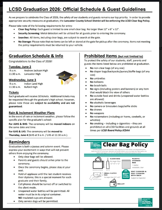 "LCSD Graduation 2026 Official Schedule & Guest Guidelines infographic displaying clear bag policy requirements, graduation dates for four high schools (June 2-3), security screening procedures, prohibited items list, and examples of allowed bags including clear totes, gallon ziplock bags, and small clutch purses."