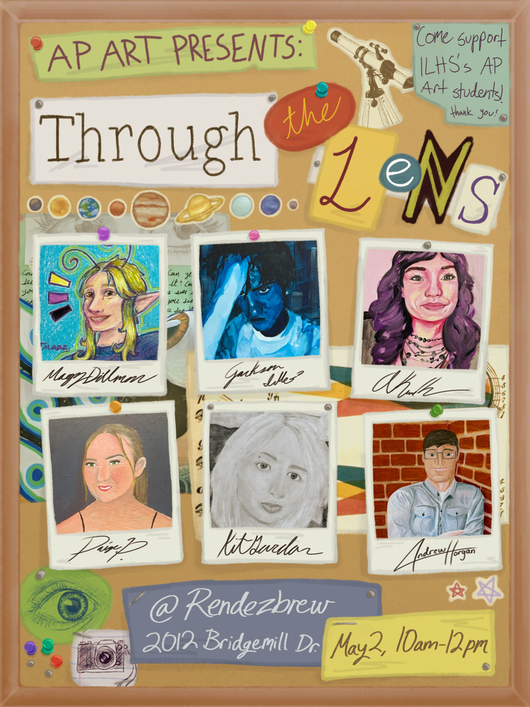 "Through the Lens" AP Art exhibition poster featuring six student portrait artworks pinned to a corkboard-style design, with a telescope drawing, solar system planets, camera sketch, and decorative stars. Event at Rendezbrew on May 2, 10am-12pm.