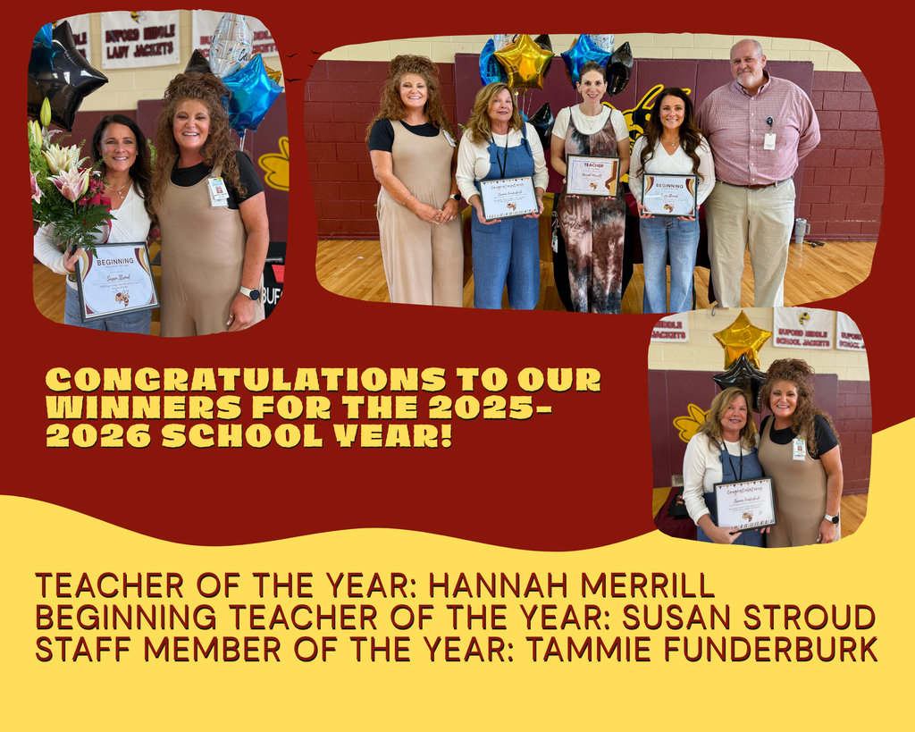 Congratulations to our winners for the 2025-26 school year! Teacher of the year: Hannah Merrill; Beginning TOY: Susan Stroud; Staff Member of the Year: Tammie Funderburk