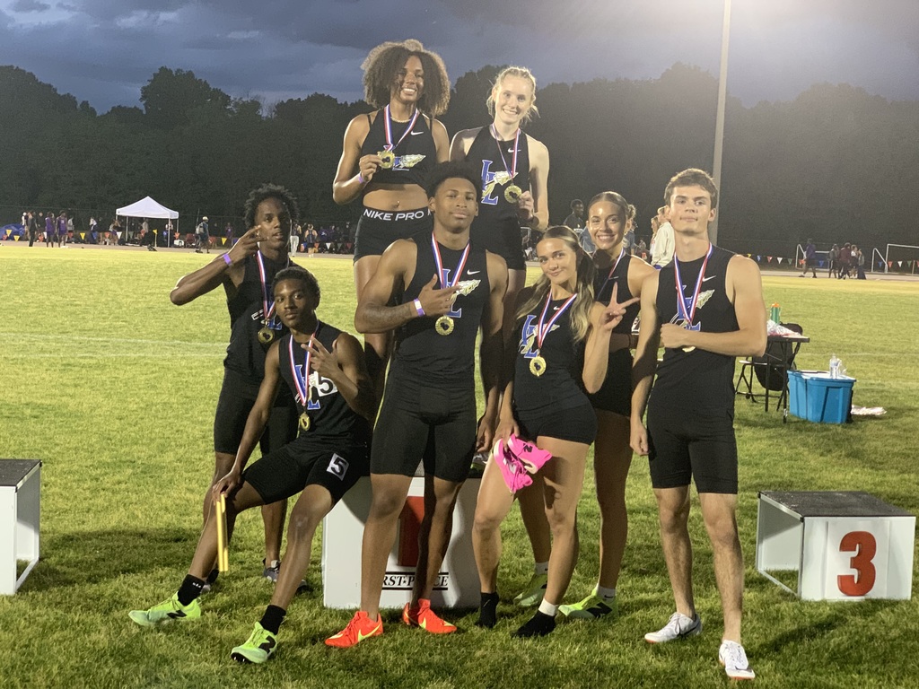 Group of ten young athletes posing on grass after a track and field event at dusk. Athletes wear black singlets with winged 'L' logo and gold medals on blue, white, and red ribbons. Two female athletes stand on raised platform in back. One male athlete in center holds medal. Other athletes positioned around them, some holding relay baton and pink fabric. Podium blocks and athletic track visible in background."