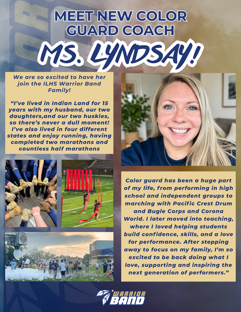 Welcome announcement graphic for new Color Guard Coach Ms. Lyndsay featuring four photos. The main large photo shows a smiling woman with blonde hair and blue eyes looking at the camera. Three smaller photos include: top left showing multiple hands joined together in a team huddle (some wearing gloves); top right displaying two performers in red and black uniforms performing with long red flags on a football field with stadium seating visible; bottom left showing a group of people outdoors surrounded by white foam or bubbles at a festive event. Text introduces Ms. Lyndsay and includes her biography mentioning she's lived in Indian Land for 15 years with her husband, two daughters, and two huskies, has lived in four states, enjoys running (completed two marathons and many half marathons), performed with Pacific Crest Drum and Bugle Corps and Corona World, and is excited to return to teaching color guard after focusing on family. Warrior Band branding included.