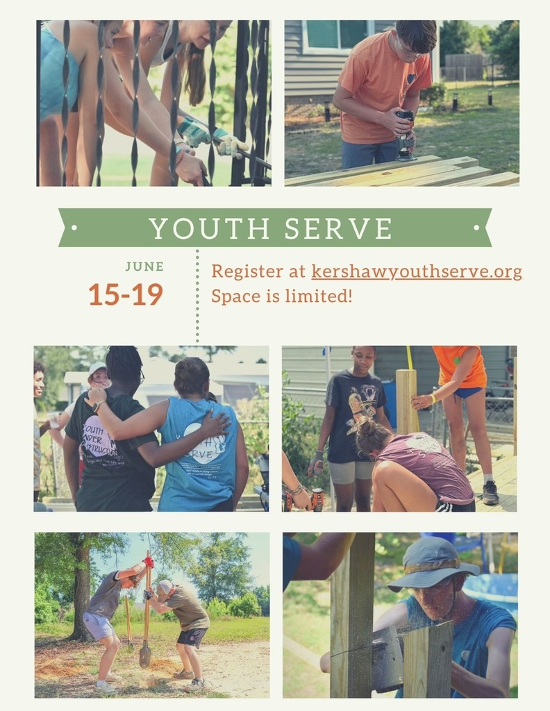 Youth Serve June 15-19 Register at Kershawyouthserve.org. Space is limited!