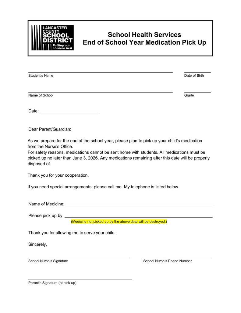 Form to print and Bring to school to pick up prescription medications