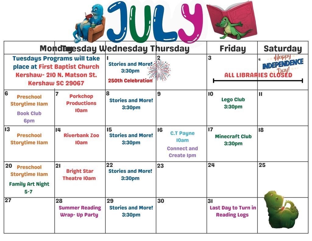 Kershaw Public Library July calendar