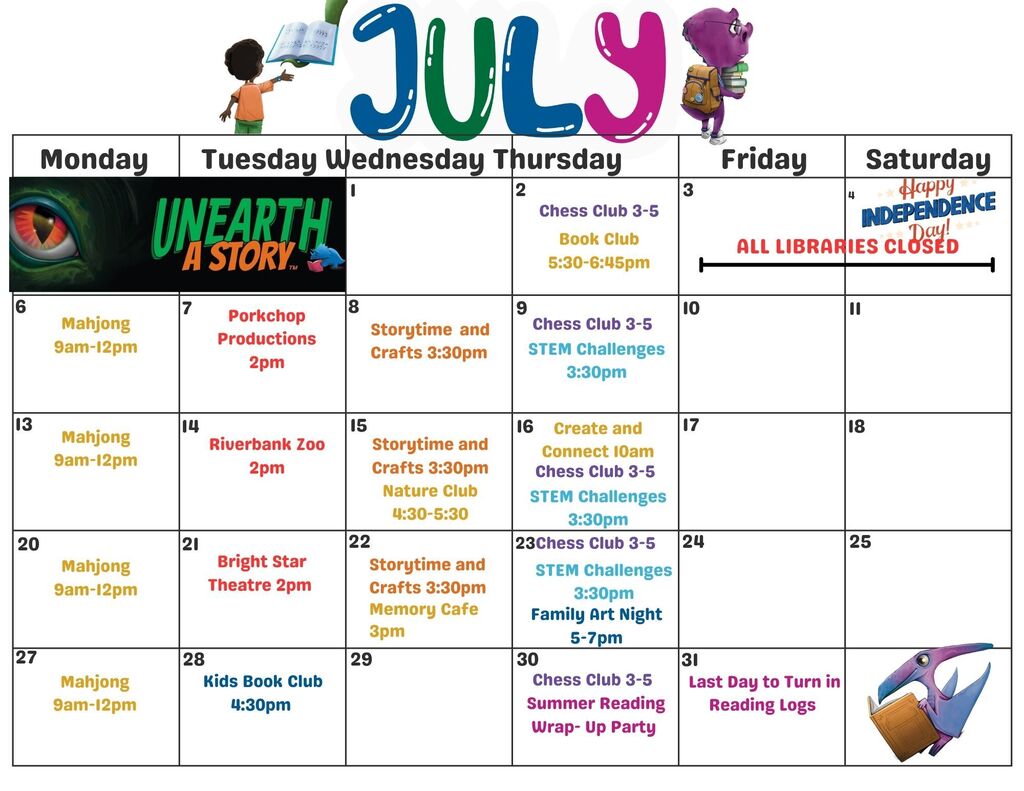 Lancaster Public Library July calendar
