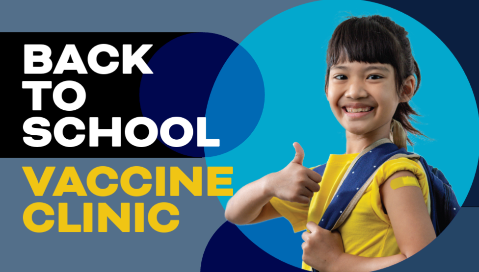 A vaccine clinic announcement featuring a girl with a backpack giving a thumbs up