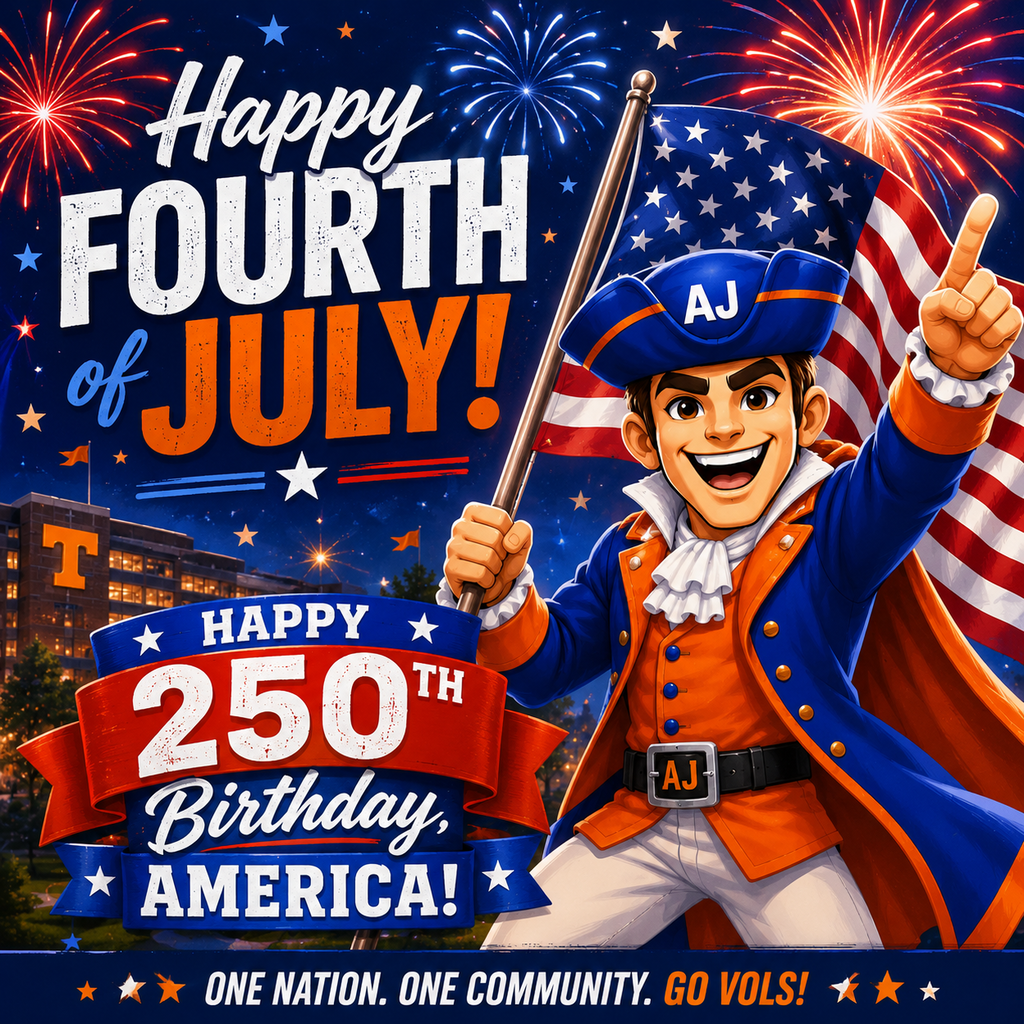 Graphic of AJ Mascot wishing Happy Fourth of July and Happy 250th Birthday, America!
