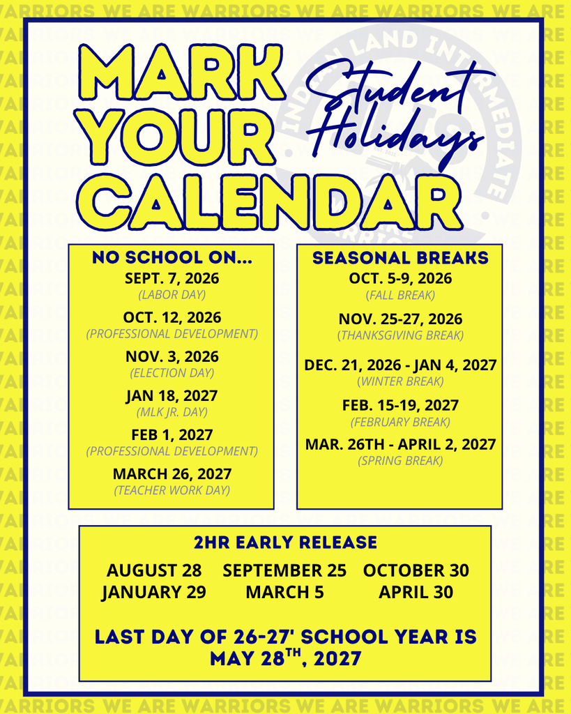 A calendar in yellow and blue shows important dates, including holidays and breaks for the school year.